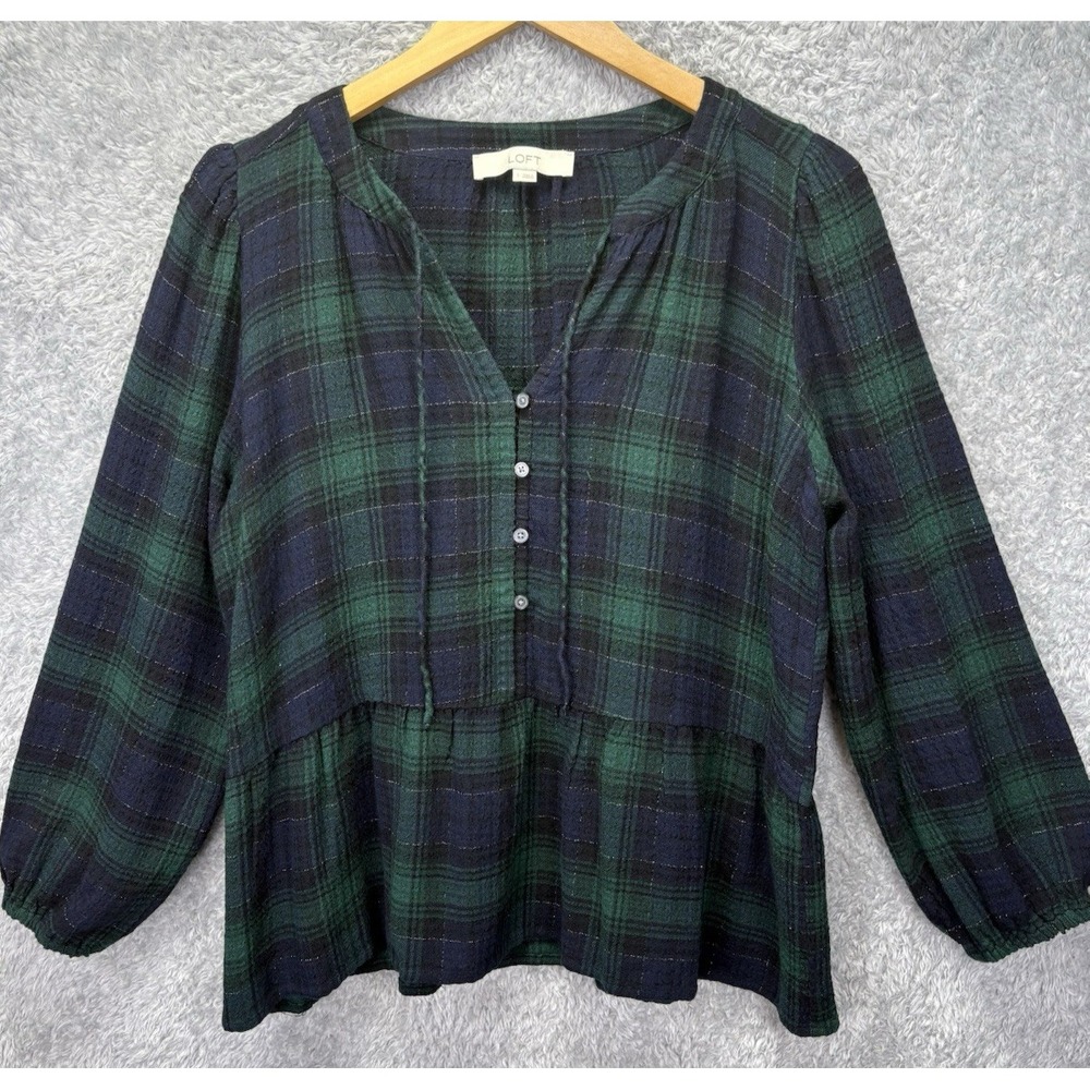 LOFT Womens Small Plaid Peplum Top Green Navy Long Sleeve Blouse Boho V Neck